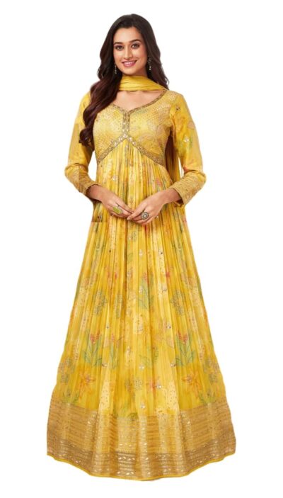 Xomantic Fashion Womens Yellow Sequins and Zari Work with Digital
