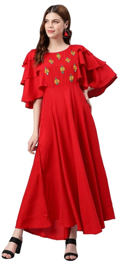 Yash Gallery Womens Rayon Embroidered Ankle Length Flared Dress For