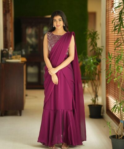 instrofab Gown Saree For Womens Rangoli Silk Fabric with Embroidery