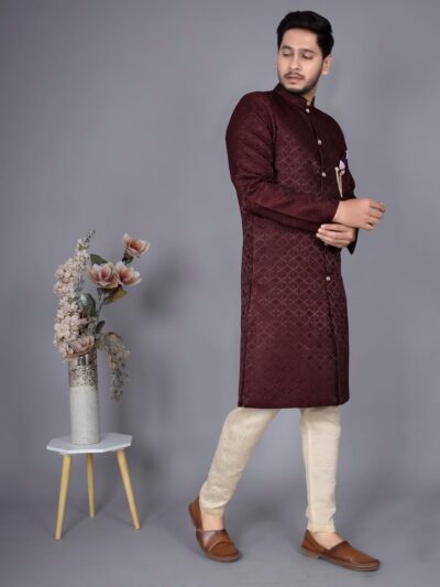 Amzira Men's Ethnic Wear Coffee Traditional Indo Western Kurta Pyjama Set, Sherwani, Wedding Wear Kurta Set for Men, Party Wear Suit - Image 3