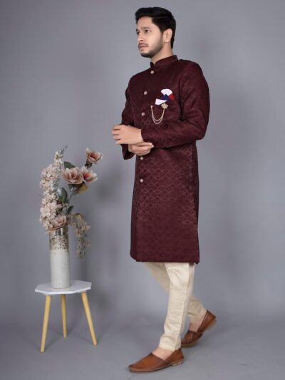 Amzira Men's Ethnic Wear Coffee Traditional Indo Western Kurta Pyjama Set, Sherwani, Wedding Wear Kurta Set for Men, Party Wear Suit - Image 4