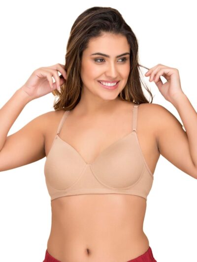 Clovia Women's Cotton Rich Solid Padded Full Cup Wire Free T-Shirt Bra - Skin