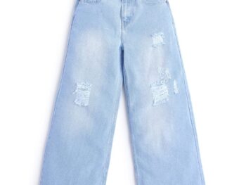 Knit N Knot Girls' Kids Premium Ice, Light Blue Wide Leg Flared Fit Relaxed Loose high Waist Ripped Ruptured Jeans | Casual Festival Occassional wear | Non Stretch | Frayed Bottom | Adjustable Waist