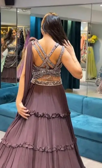 infabzon Womens Chinon Silk Lehenga Choli Readymade Dark Wine Free Size - Image 3