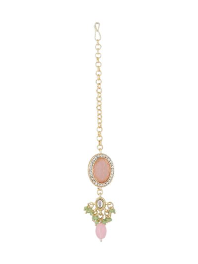 ZAVERI PEARLS Pink Green Stones Beads Kundan Necklace Earring Ring & Maangtikka Set For Women-ZPFK15376 - Image 9
