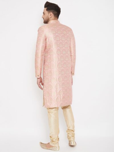 VASTRAMAY Men Men's Pink And Gold Silk Blend Sherwani Set - Image 4