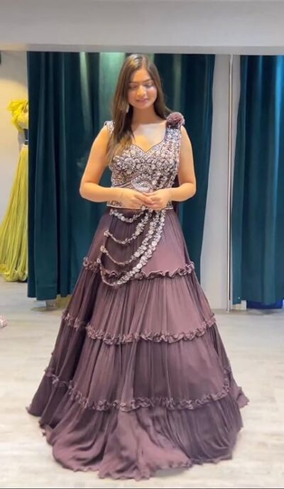 infabzon Womens Chinon Silk Lehenga Choli Readymade Dark Wine Free Size - Image 2