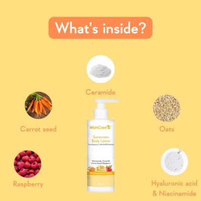 WishCare Sunscreen Body Lotion with SPF 50 PA+++ - Broad Spectrum UVA & UVB Protection, No White Cast, Enriched with Carrot Seed & Raspberry - Body Sunscreen Lotion 200ml - Image 5