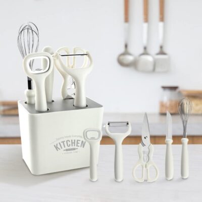 Mirramor Stainless Steel 6-Piece Kitchen Gadgets Set, Kitchen Scissors, Kitchen Utensils Set with Holder, Paring Knife, Whisk, Bottle Opener, Peeler- Anti-Slip Handle, Decorative Base, White - Image 5
