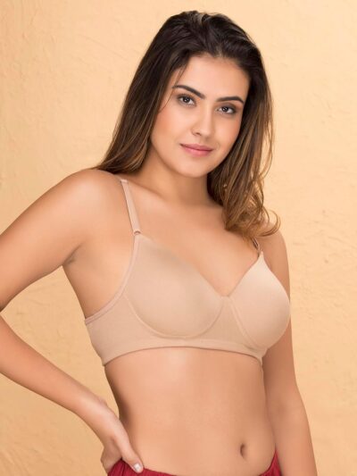 Clovia Women's Cotton Rich Solid Padded Full Cup Wire Free T-Shirt Bra - Skin - Image 3