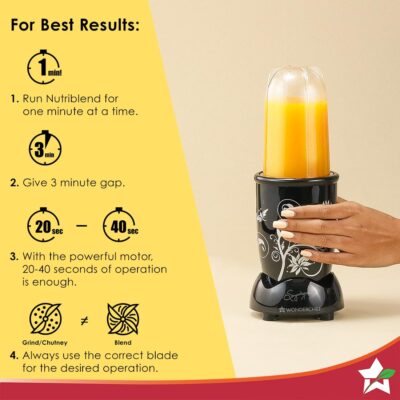 Wonderchef Nutri-blend Mixer, Grinder & Blender|Powerful 500W 22000 RPM 100% Full Copper Motor|Stainless steel Blades|2 unbreakable jars|2 Years warranty | Recipe book by Chef Sanjeev Kapoor | Black - Image 5