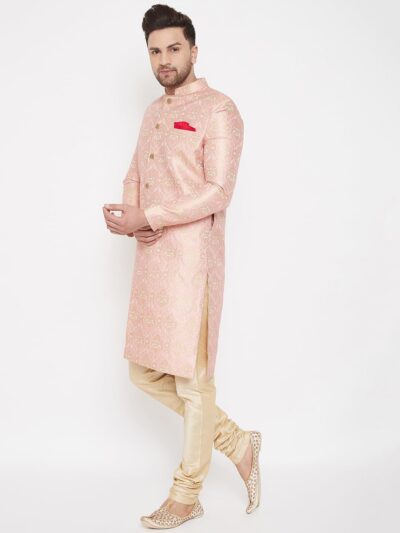 VASTRAMAY Men Men's Pink And Gold Silk Blend Sherwani Set - Image 2