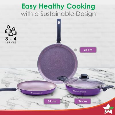 Wonderchef Valencia Non-Stick Cookware 4 Piece Set | Kadhai with Lid 24 cm, Fry Pan 24 cm, Dosa Tawa 28 cm | Pure Grade Aluminium| PFOA Free| 2 Years Warranty | Purple - Image 6