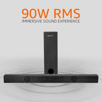 amazon basics Soundbar with Wired Subwoofer, 90W RMS, 2.1 Channel, Remote Control, BT v5.3, HDMI (ARC Cable), Optical, Aux, USB, Compatible with TV, Smart Phones, Tablets, PCs (Black) - Image 2