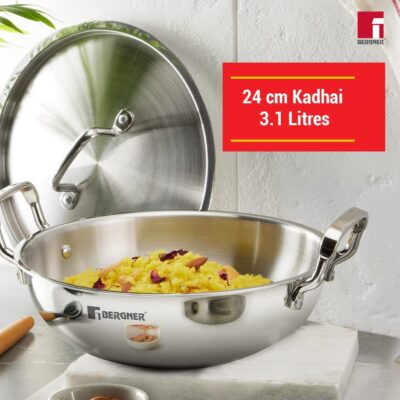 Bergner Tripro Triply Stainless Steel 3 Pc Cookware Set, 24 cm Indian Wok/Kadai with Lid, 22 cm Frypan Without Lid, Fast and Event Heating, Induction Bottom, Gas Ready, Silver - Image 6
