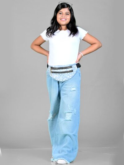 Knit N Knot Girls' Kids Premium Ice, Light Blue Wide Leg Flared Fit Relaxed Loose high Waist Ripped Ruptured Jeans | Casual Festival Occassional wear | Non Stretch | Frayed Bottom | Adjustable Waist - Image 3