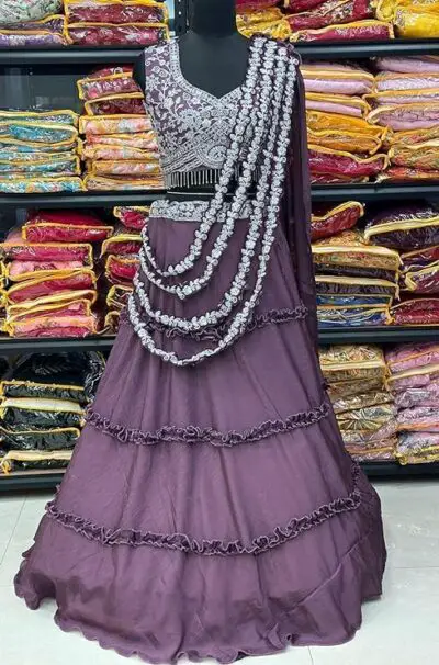 infabzon Womens Chinon Silk Lehenga Choli Readymade Dark Wine Free Size - Image 5