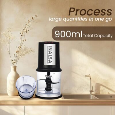 INALSA Electric Chopper for Kitchen with 400 Watts Pure Copper Motor|Chop,Mince,Puree,Dice |Twin Blade Technology|One Touch Operation,1.30mtr Long Power Cord (Black/Silver)- Bullet - Image 4