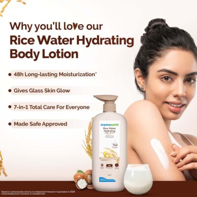 Mamaearth Rice Water Hydrating Body Lotion with Rice Water & Niacinamide for Dewy Glass Skin | 48 Hrs Moisturization | Nourishes Skin | 7in1 Total Care | 100% Natural Butter | Non Greasy Smooth Skin | 400 ml - Image 4