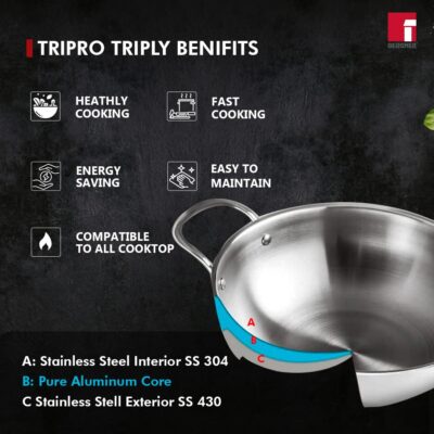 Bergner Tripro Triply Stainless Steel 3 Pc Cookware Set, 24 cm Indian Wok/Kadai with Lid, 22 cm Frypan Without Lid, Fast and Event Heating, Induction Bottom, Gas Ready, Silver - Image 3