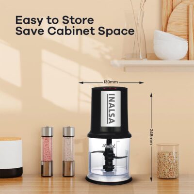 INALSA Electric Chopper for Kitchen with 400 Watts Pure Copper Motor|Chop,Mince,Puree,Dice |Twin Blade Technology|One Touch Operation,1.30mtr Long Power Cord (Black/Silver)- Bullet - Image 6