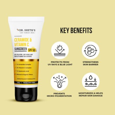 Dr. Sheth's Ceramide & Vitamin C Sunscreen | In-Vivo Tested | SPF 50+ Pa+++ | For Bright Skin & Healthy Glow | Non-Greasy, Quick-Absorbing | No White Cast | UVA/B & Bluelight Protection | For Men & Women | For All Skin Type | 30 g - Image 3