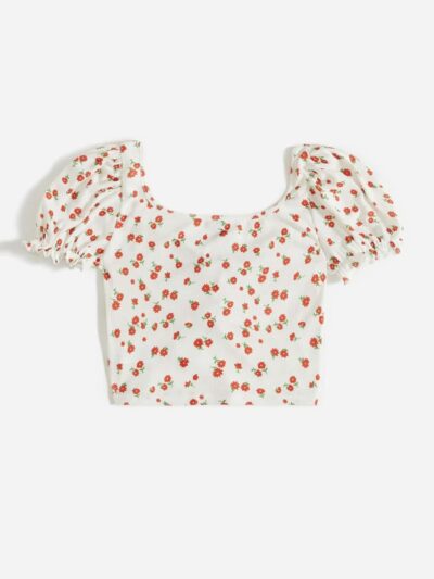 Aahwan Women's Printed & Girls' Puff Sleeve Tie Front Ditsy Floral Slim Fit Top - Image 2