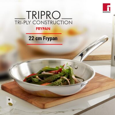 Bergner Tripro Triply Stainless Steel 3 Pc Cookware Set, 24 cm Indian Wok/Kadai with Lid, 22 cm Frypan Without Lid, Fast and Event Heating, Induction Bottom, Gas Ready, Silver - Image 5