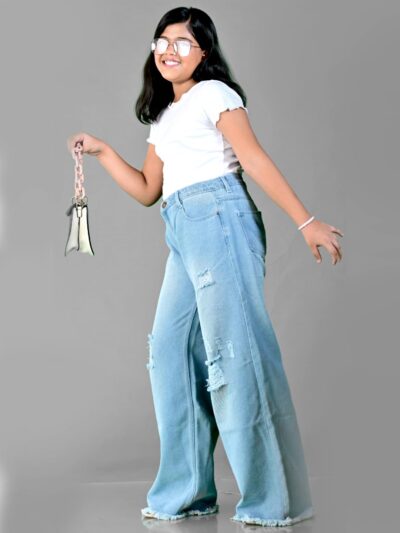 Knit N Knot Girls' Kids Premium Ice, Light Blue Wide Leg Flared Fit Relaxed Loose high Waist Ripped Ruptured Jeans | Casual Festival Occassional wear | Non Stretch | Frayed Bottom | Adjustable Waist - Image 4