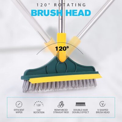 WAZDORF Bathroom Cleaning Brush with Wiper Tiles Cleaning Brush Floor Scrub Bathroom Brush with Long Handle 120° Rotate Bathroom Floor Cleaning Brush Home Kitchen Cleaning Mop… (2 in 1 Brush)… - Image 2
