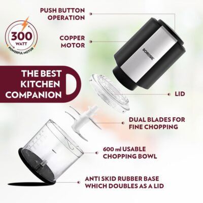 Borosil Chef Delite 300 Watts Electric Chopper for Kitchen, Twin Blade Technology, 600 ml 'chop-n-store' plastic bowl with lid, Vegetable Chopper, Cutter, Chop, Mince, Dice, Whisk, Blend - Image 7