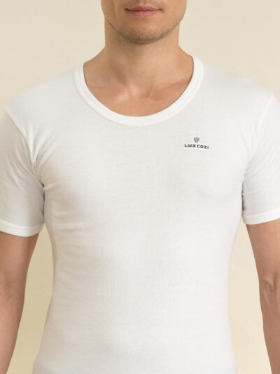 Lux Cozi Men's White Round Neck Half Sleeves 100% Cotton Vest with Extended Length for Easy Tuck (Pack of 3) - Image 7