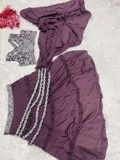 infabzon Womens Chinon Silk Lehenga Choli Readymade Dark Wine Free Size - Image 6