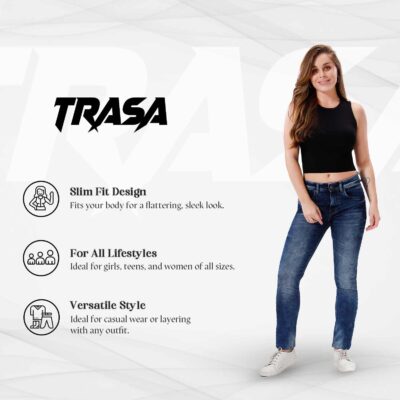 TRASA Women’s Sleeveless Rib Knitted Cotton Racer Back Tank Tops Crew Neck Crop Tops - Available Sizes - XS, S, M, L, XL,2XL - Image 2