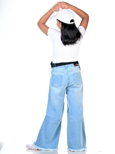 Knit N Knot Girls' Kids Premium Ice, Light Blue Wide Leg Flared Fit Relaxed Loose high Waist Ripped Ruptured Jeans | Casual Festival Occassional wear | Non Stretch | Frayed Bottom | Adjustable Waist - Image 2
