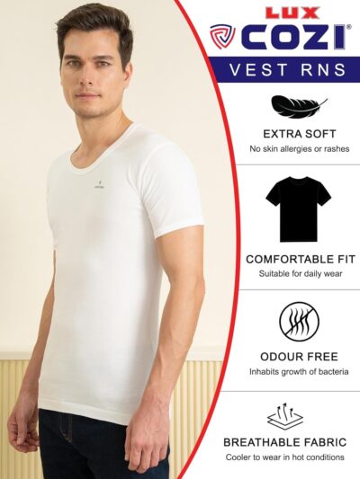 Lux Cozi Men's White Round Neck Half Sleeves 100% Cotton Vest with Extended Length for Easy Tuck (Pack of 3) - Image 3