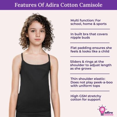 Adira | Camisole for Girls 13-14 Years | Flat Padded Innerwear Vest | Cami for Puberty | Overs Nipples & Gives Confidence at School | Soft, Stretchy Cotton | Pack of 2 - Image 2