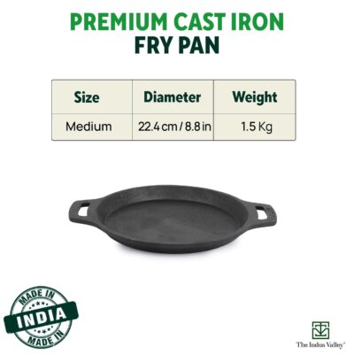 The Indus Valley Preseasoned Cast Iron Fish Fry Pan With Double Handle| Medium 22.4Cm/ 8.8Inch, 1.5Kg | Induction Friendly | Nonstick Fish Fry Pan, 100% Pure & Toxin Free, No Chemical Coating, Black - Image 2