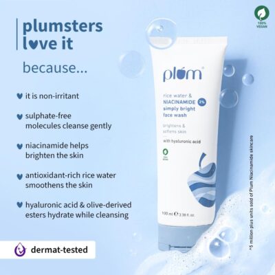 Plum Simply Bright 2% Niacinamide Face Wash with Rice Water | Brightens, Softens & Smoothens Skin | for Oily, Acne Prone, Dry, Normal, Sensitive Skin | Gentle & Non-Drying | for Men & Women | 100ml - Image 4