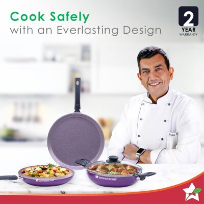 Wonderchef Valencia Non-Stick Cookware 4 Piece Set | Kadhai with Lid 24 cm, Fry Pan 24 cm, Dosa Tawa 28 cm | Pure Grade Aluminium| PFOA Free| 2 Years Warranty | Purple - Image 2