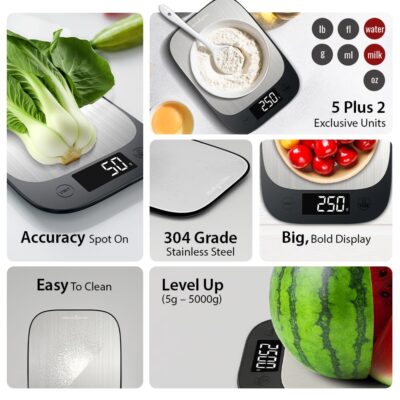 HealthSense Weight Machine for Kitchen, Kitchen Food Weighing Scale for Health Fitness, Home Baking & Cooking with SS Platform, Touch Button, Tare Function & 1 Year Warranty – Chef-Mate KS70 - Image 3