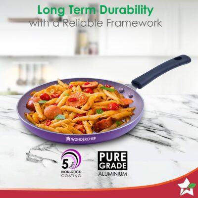Wonderchef Valencia Non-Stick Cookware 4 Piece Set | Kadhai with Lid 24 cm, Fry Pan 24 cm, Dosa Tawa 28 cm | Pure Grade Aluminium| PFOA Free| 2 Years Warranty | Purple - Image 4