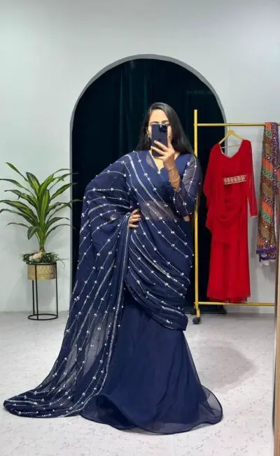 infabzon Ready To Wear Lehenga Saree For Women Bollywood Style Faux Georgatte Fabric On Fully Stitched With Embrodery Moti Work - Image 2
