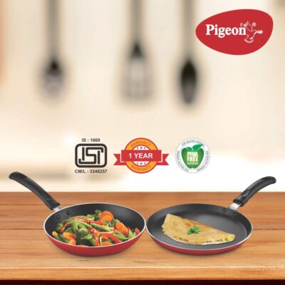 Pigeon Aluminium Nonstick Duo Pack Flat Tawa 250 and Fry Pan 200 Gift Set (Red) - Image 6