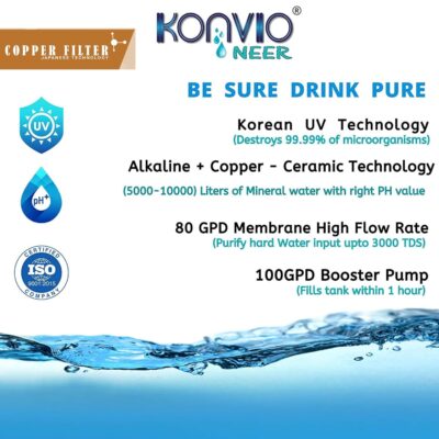 Konvio Neer Copper + Alkaline RO + UV LED + UF + TDS Adjuster Water Filter and Purifier with High TDS Membrane (Orange) - Image 3