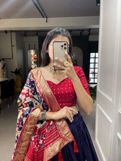 Women's Lehenga Choli | Tussar Silk With Patola Print with Foil Work With Solid And Unstitched Blouse Lehenga Choli With Dupatta - Image 3
