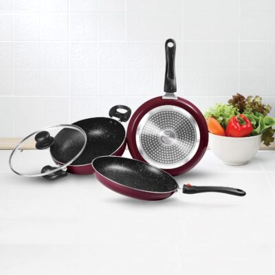 MILTON Pro Cook Kitchen Jewel Cookware Set of 3 (Fry pan 24 cm/1.6 litres; Kadhai 24 cm/2.5 litres with Glass lid & Tawa 25 cm), Peach, Induction, Hot Plate, Flame Safe, Non-Stick - Image 2