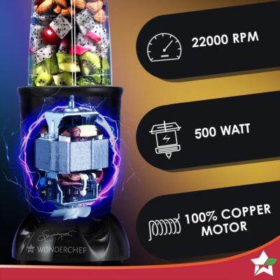 Wonderchef Nutri-blend Mixer, Grinder & Blender|Powerful 500W 22000 RPM 100% Full Copper Motor|Stainless steel Blades|2 unbreakable jars|2 Years warranty | Recipe book by Chef Sanjeev Kapoor | Black - Image 4