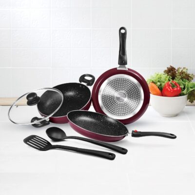 Milton Pro Cook Kitchen Jewel Set of 5, Peach (Fry pan 24 cm/1.6 litres; Kadhai 24 cm/2.5 litres with Glass lid; Tawa 25 cm) | Induction | Hot Plate | Flame Safe - Image 2