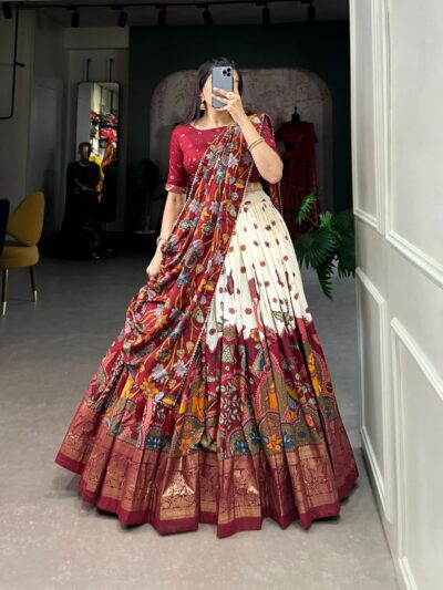 KrishuEthnics Women's Wedding Special Tussar Silk With Kalamkari Print Lehenga Choli - Image 3